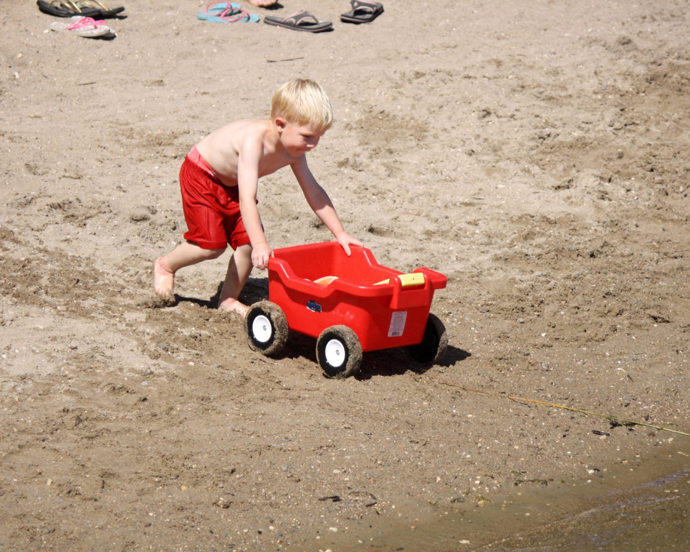 Picture of a young boy in a swimsuit on the beach driving a wagon filled with toys 