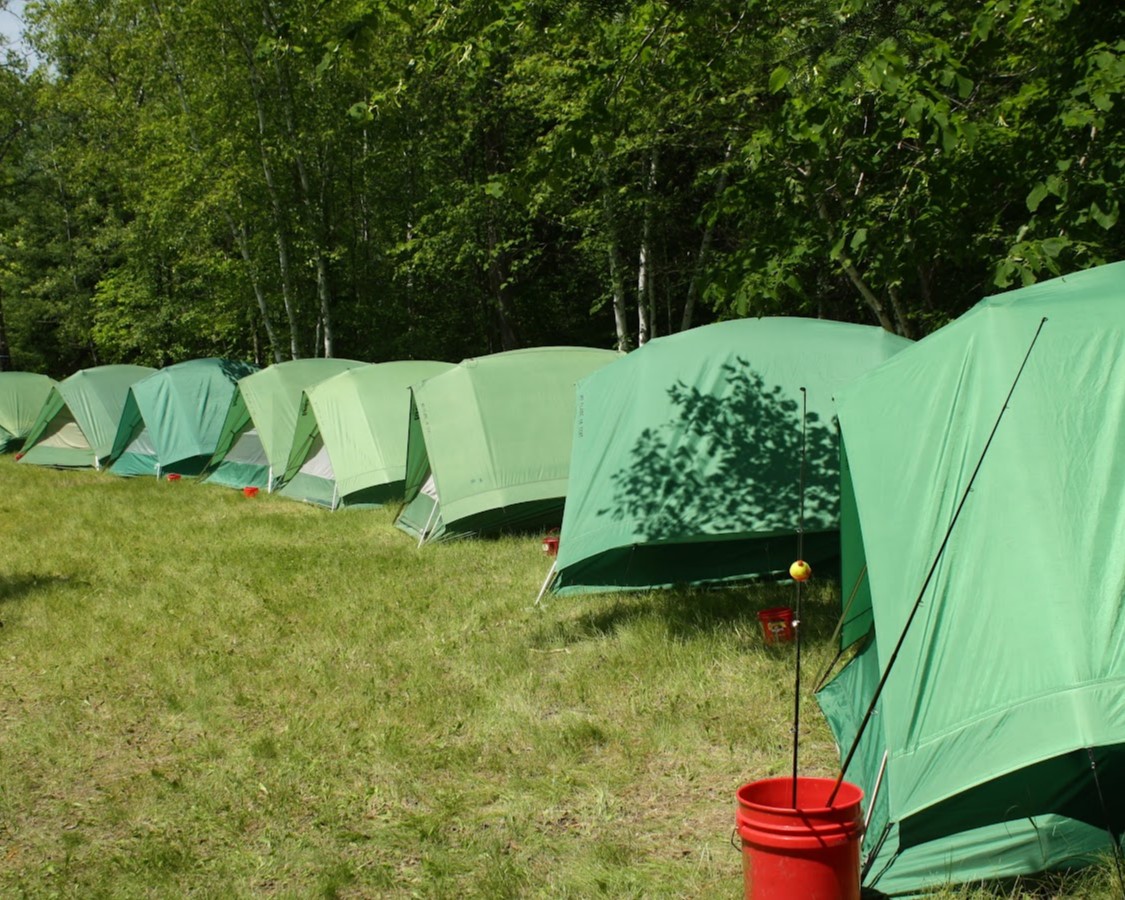 A lineup of nylon tents in a field